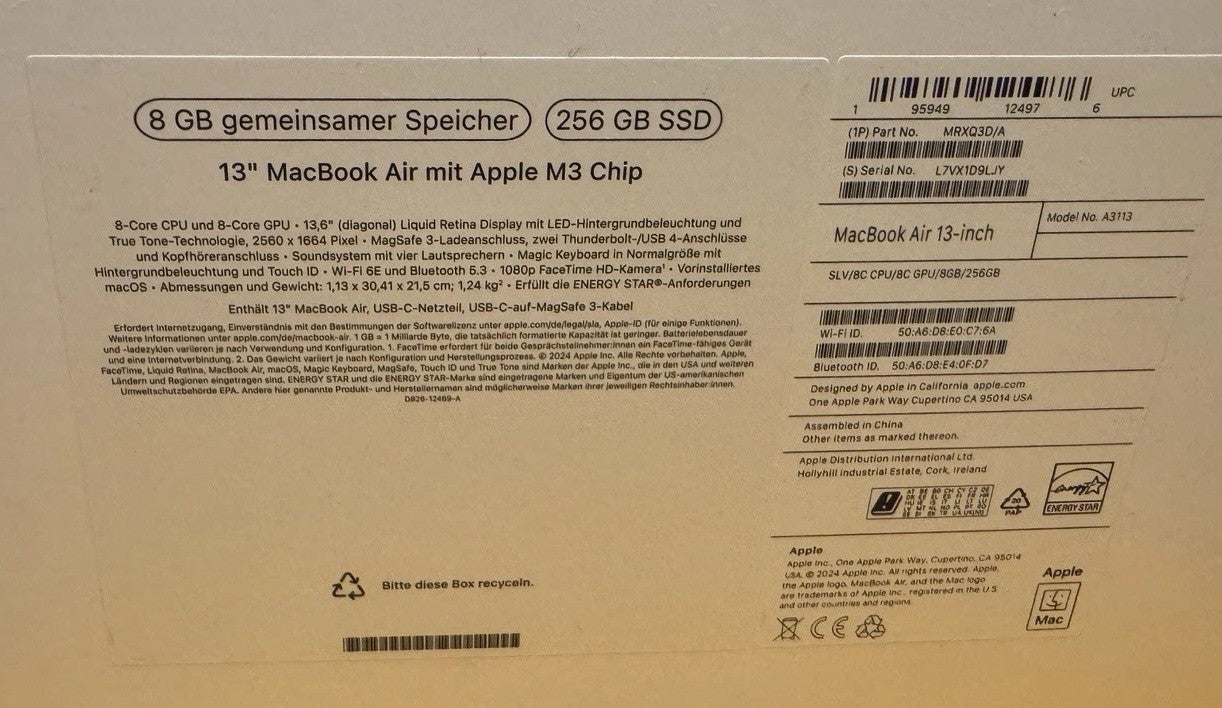 MacBook Air M3 13.6" 8GB 256GB